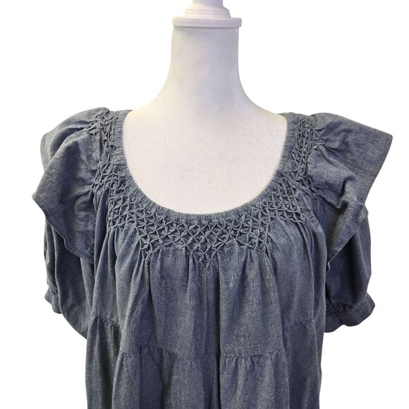 Free People Amelie Chambray Ruffle Hem Puff Sleeve Mini Dress Size Small - Picture 5 of 8
